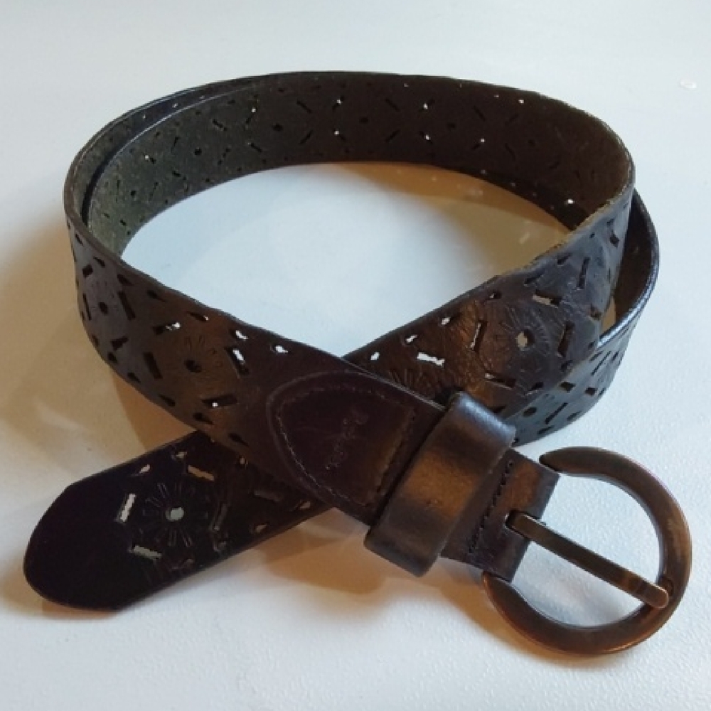Rolfs | Black Perforated Design Premium Leather Belt Bronze Circle Buckle Sz.XL